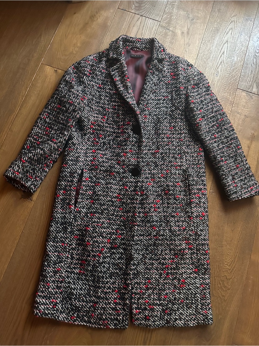 Sisley Black & White Tweed Pea Coat with Red specks